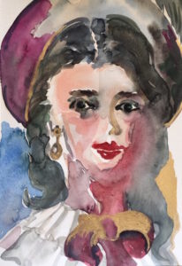 "Barocke Lady", 28 cm x 14,5 cm, Aquarell und Gold auf Papier, 2019